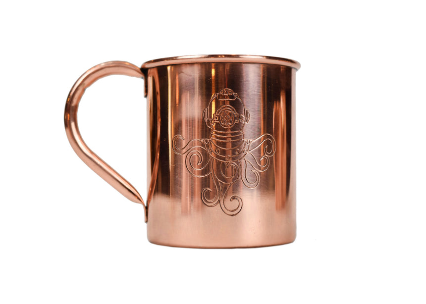 COPPER MULE MUGS WITH ENGRAVING "OCTOPUS WITH DIVING MASK" | 8.5 x 8.75 cm.