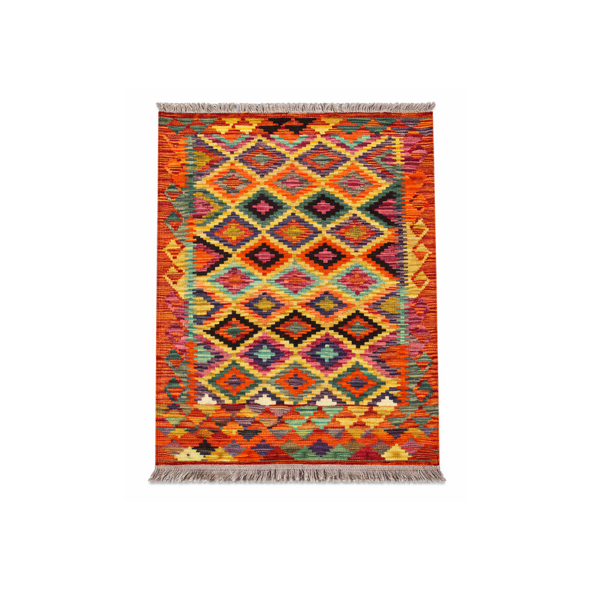 VIBRANT VEGY KILIM RUG | HANDWOVEN DIAMOND KILIM | 1.19 × 0.84 M