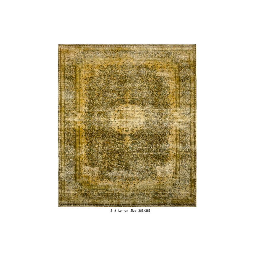 OVER-DYED VINTAGE KERMAN RUG | LEMON GOLD HAND KNOTTED RUG | 3.83×2.85 M