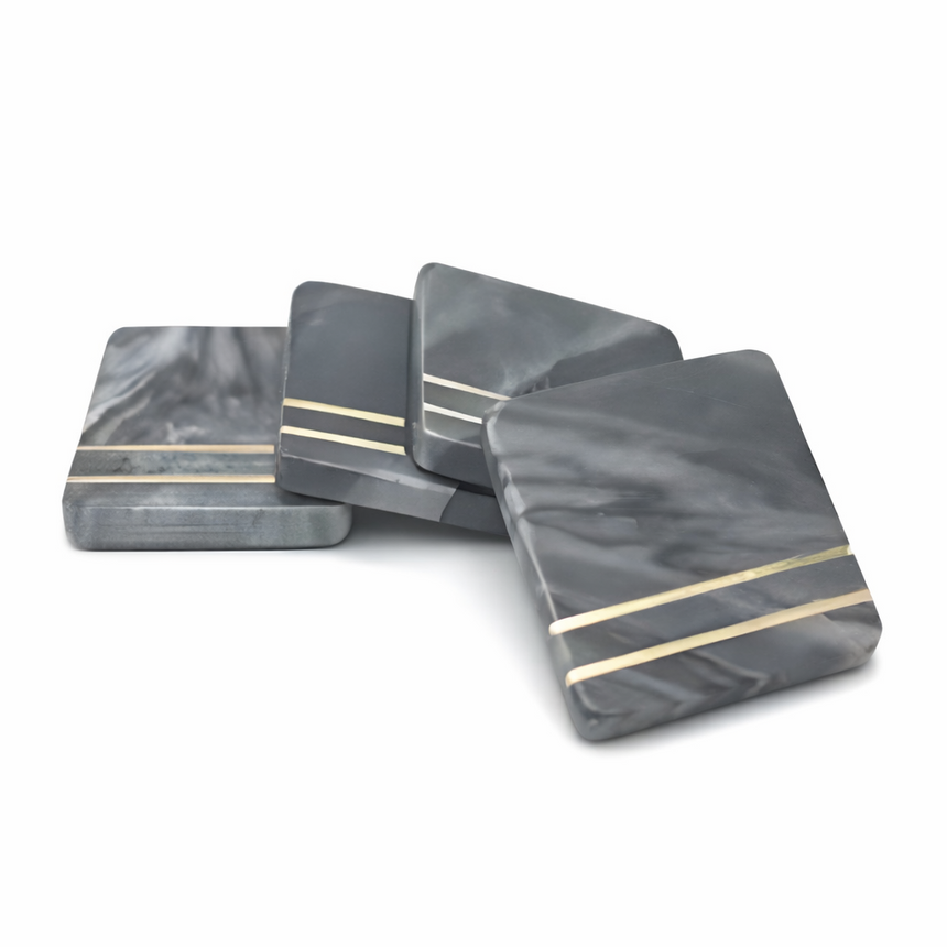 DECOR COASTER SET OF 4 - GREY MARBLE WITH BRASS INLAY | 4" × 4" × 0.6"