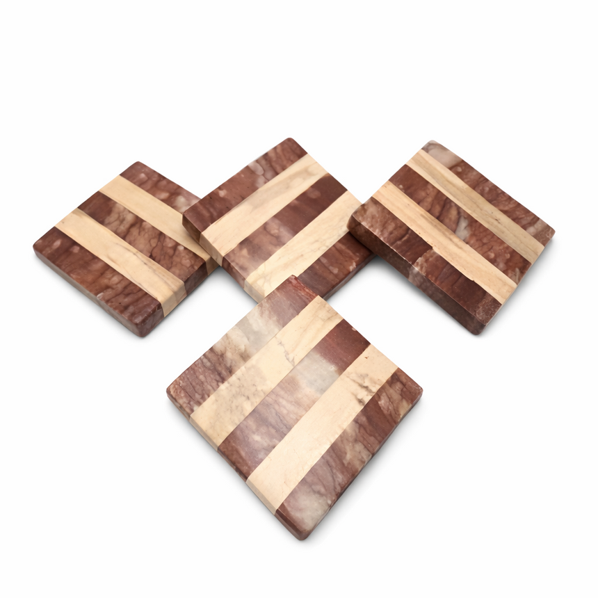 DECOR COASTER SET OF 4 - PINKISH & REDDISH MARBLE | 4" × 4" × 0.6"