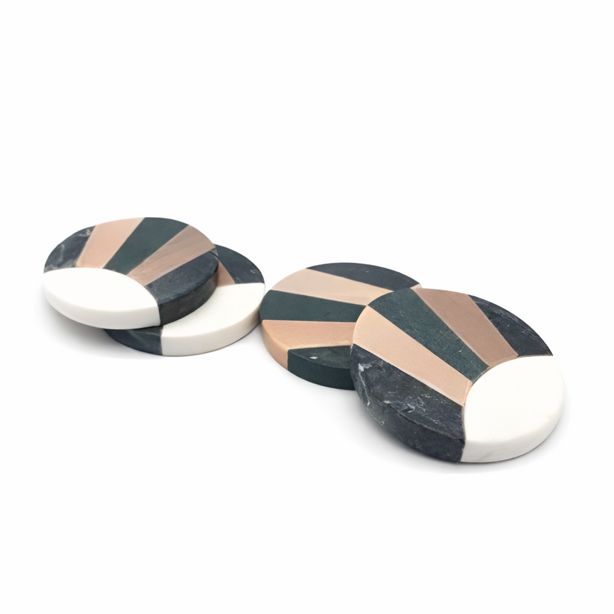 DECOR COASTER SET OF 4 - WHITE , GREEN & PINK MARBLE | 4" × 4" × 0.6"