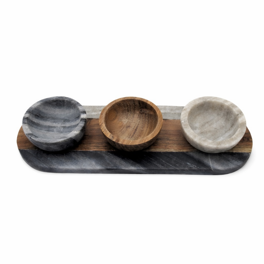 DECOR CONDIMENT SET - MARBLE & WOOD | 30 x 10 x 4 CM.